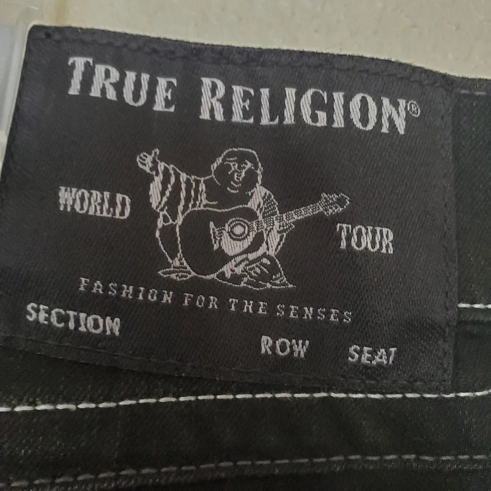 True Religion Geno Relaxed Slim Jeans Black Contrast Stitching Mens 38x32